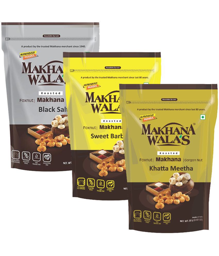     			Makhanawala's Roasted & Flavoured Makhana (Foxnuts) | Gorgon nut | Gluten Free Vegan Snacks |Combo of Black Salt + Khatta Meetha + Sweet Babrbeque Flavored makhana, Pack of 3, 70 g Each.