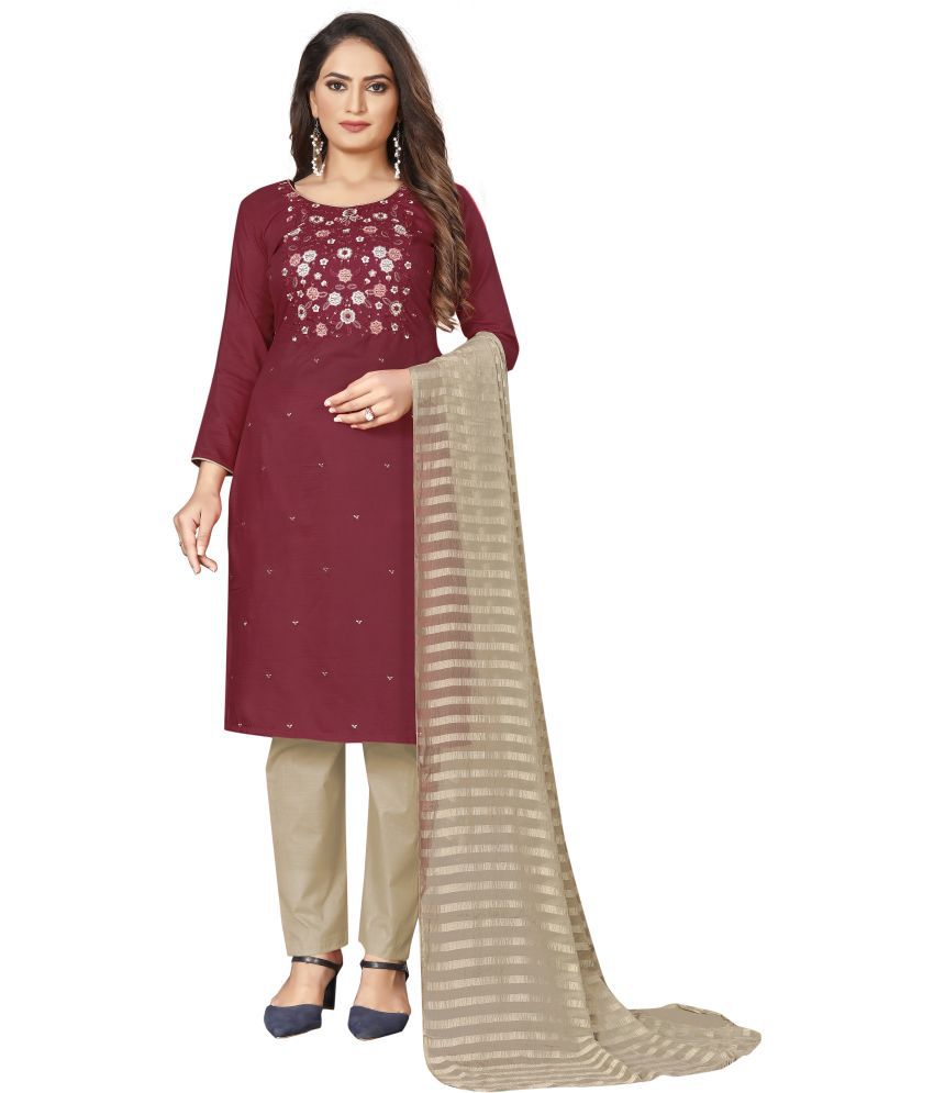     			Royal Palm - Unstitched Maroon Cotton Blend Dress Material ( Pack of 1 )