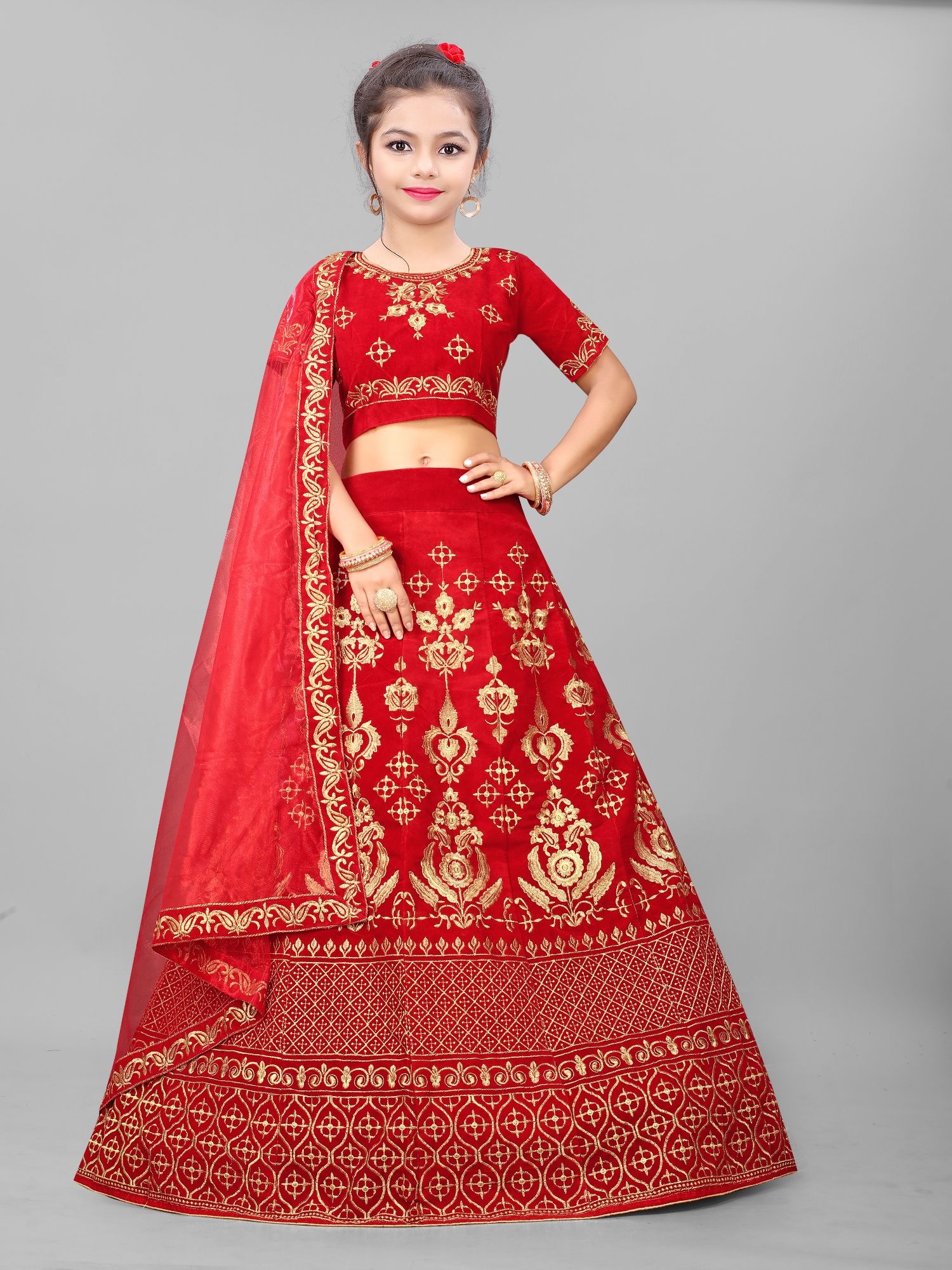     			Aika Velvet Lehenga Choli Set For Girls ( Pack of 1 , Red )