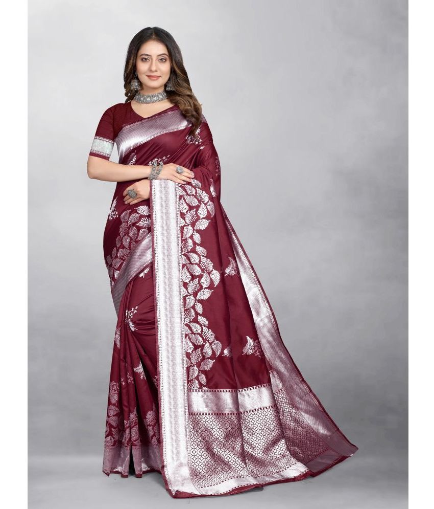     			Gazal Fashions - Maroon Banarasi Silk Saree With Blouse Piece ( Pack of 1 )