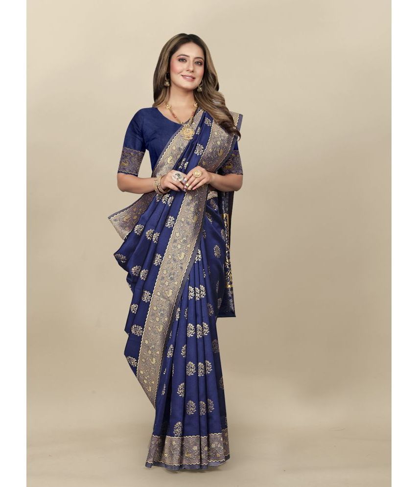     			Gazal Fashions - Navy Blue Banarasi Silk Saree With Blouse Piece ( Pack of 1 )