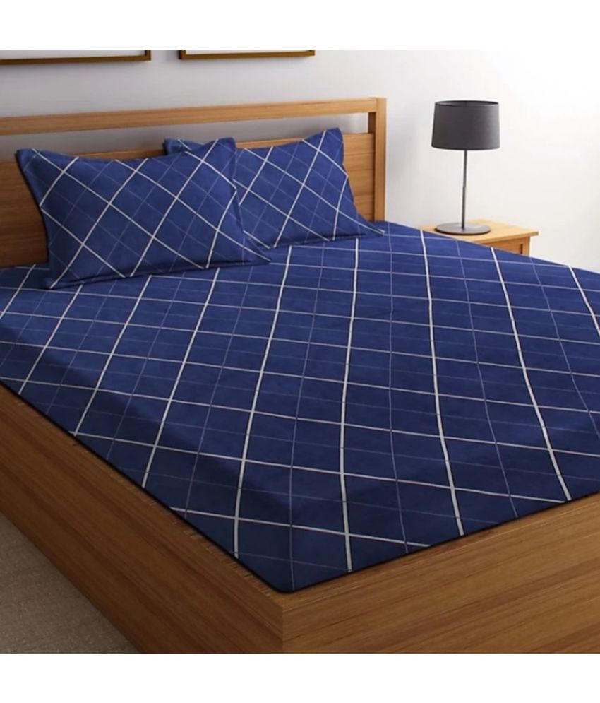     			Homefab India Microfiber Big Checks Double Bedsheet with 2 Pillow Covers - Blue