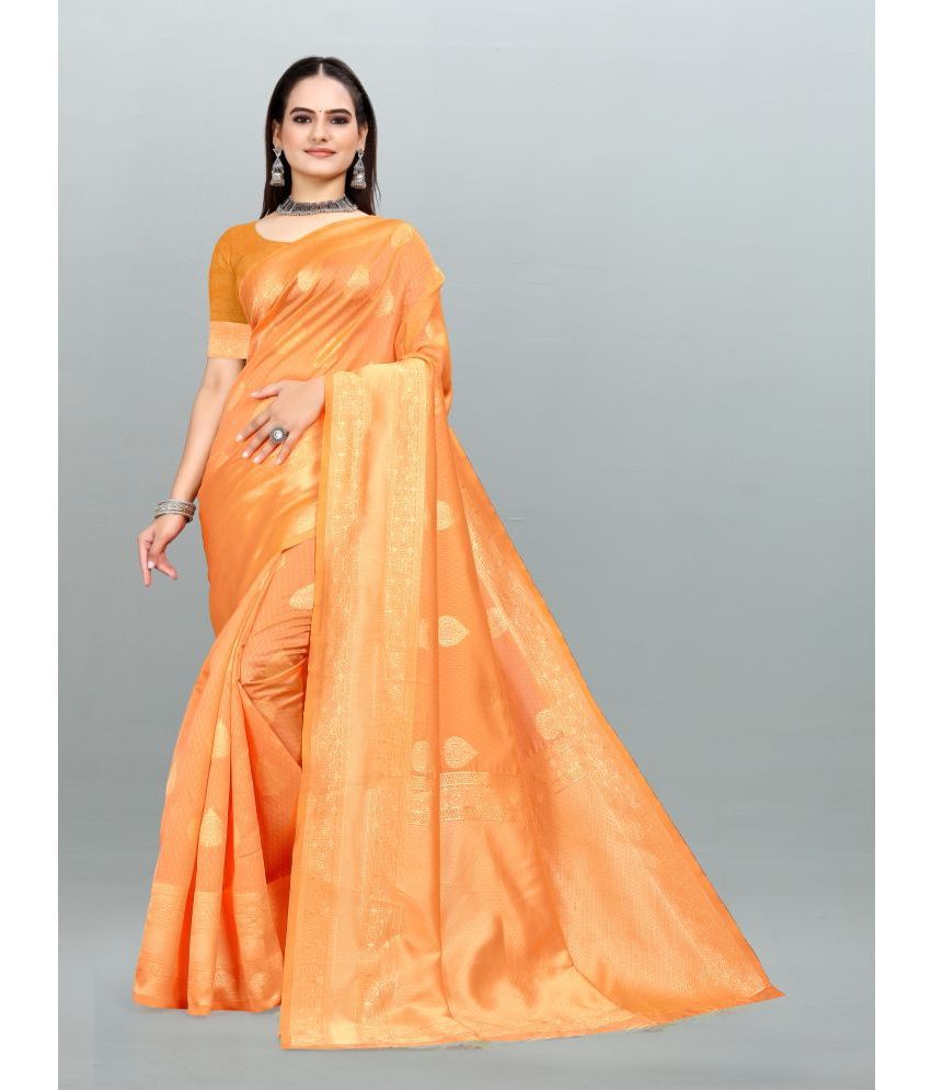     			Om Shantam Sarees - Yellow Banarasi Silk Saree With Blouse Piece ( Pack of 1 )