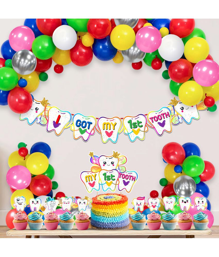     			Zyozi First Tooth Decoration Items for Baby/Rice Ceremony Decoration Kit/I Got My First Tooth Banner With Balloons,Cake Topper(Pack Of 37)(Multicolor)
