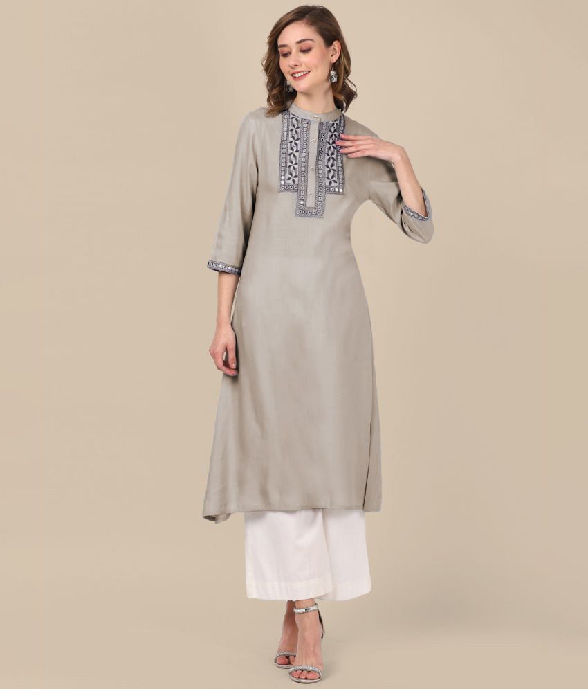     			Rangita Women Rayon Light Grey Yoke Embroidered Calf Length A-line Kurti