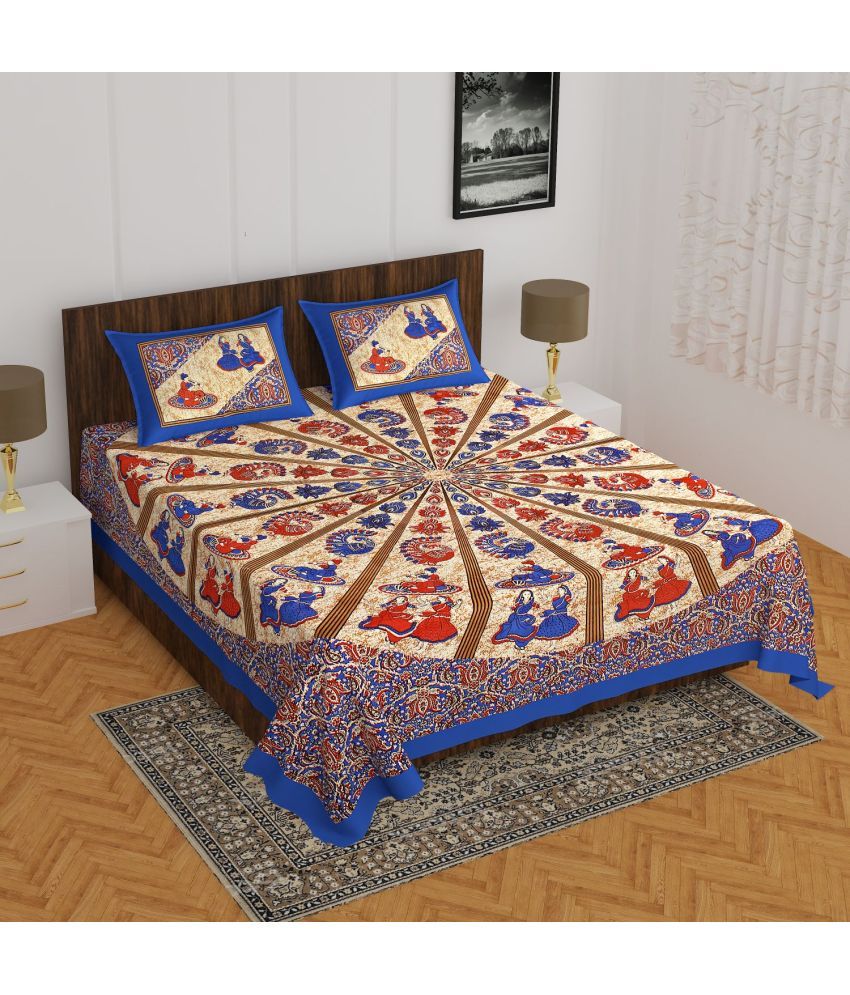     			Uniqchoice Cotton Ethnic Double Bedsheet with 2 Pillow Covers - Blue