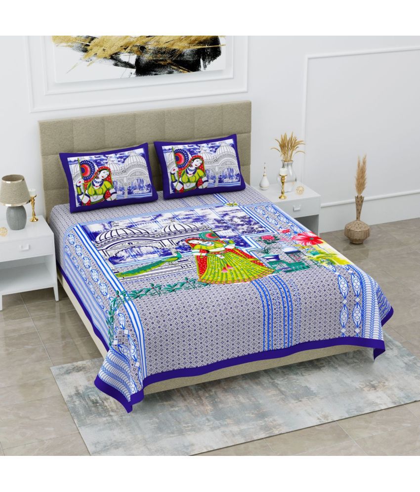     			Uniqchoice Cotton Ethnic Double Bedsheet with 2 Pillow Covers - Blue