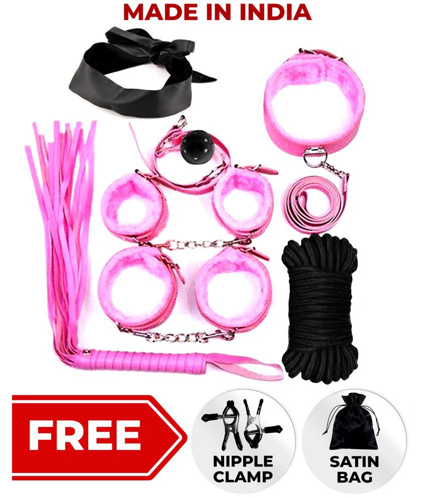 Kamuk Life Pink Leather BDSM Bondage sex toy Kit for Adult party fun, honeymoon couples, SM Domination, dildo play sexy fun Adult couple gifting includes Handcuffs nipple clamps flogger blindfold mouth gag ankle cuff neck collar and rope total-7 pcs