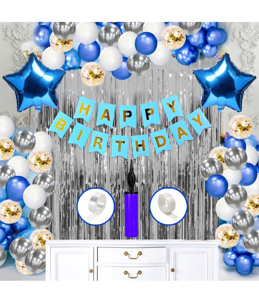     			Zyozi Birthday Combo Items/Birthday Decoration Kit - Including Banner, White- Blue- Silver Metallic Balloons,Foil Curtain,Confetti Balloons, Balloon Hand Pump and Glue dot (Pack of 64)