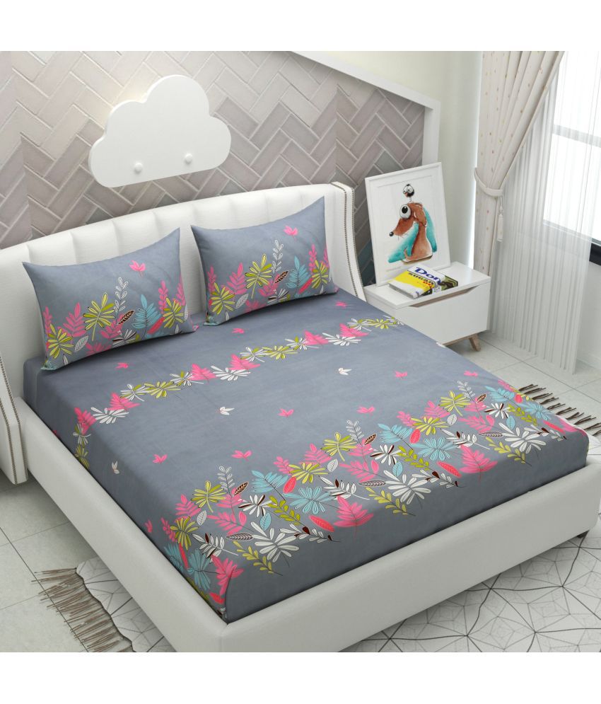    			Apala Microfiber Floral King Size Bedsheet With 2 Pillow Covers - Grey