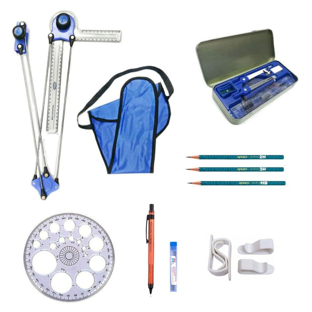     			Dushala Mini drafter, Geometry box, pro circle, plastic board clips, pencils for Engineering drawing
