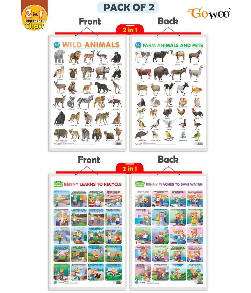     			Set of 2 |2 IN 1 WILD AND FARM ANIMALS & PETS AND 2 IN 1 BENNY LEARNS TO RECYCLE AND BENNY TEACHES TO SAVE WATER Early Learning Educational Charts for Kids|