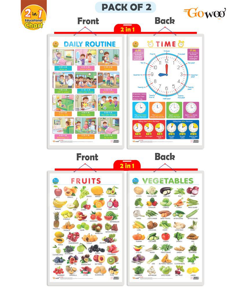     			Set of 2 | 2 IN 1 DAILY ROUTINE AND TIME & 2 IN 1 FRUITS AND VEGETABLES Early Learning Educational Charts for Kids | 20"X30" inch |Non-Tearable and Waterproof | Double Sided Laminated | Perfect for Homeschooling, Kindergarten and Nursery Students