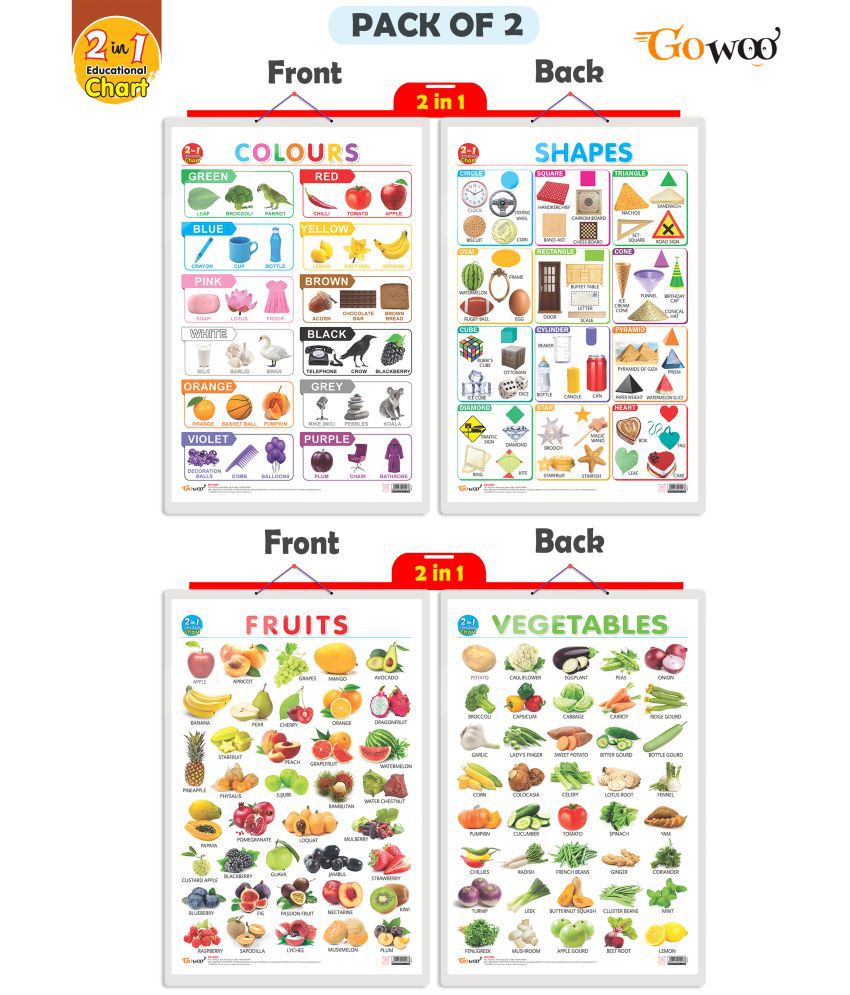     			Set of 2 | 2 IN 1 COLOURS AND SHAPES and 2 IN 1 FRUITS AND VEGETABLES Early Learning Educational Charts for Kids | 20"X30" inch |Non-Tearable and Waterproof | Double Sided Laminated | Perfect for Homeschooling, Kindergarten and Nursery Students