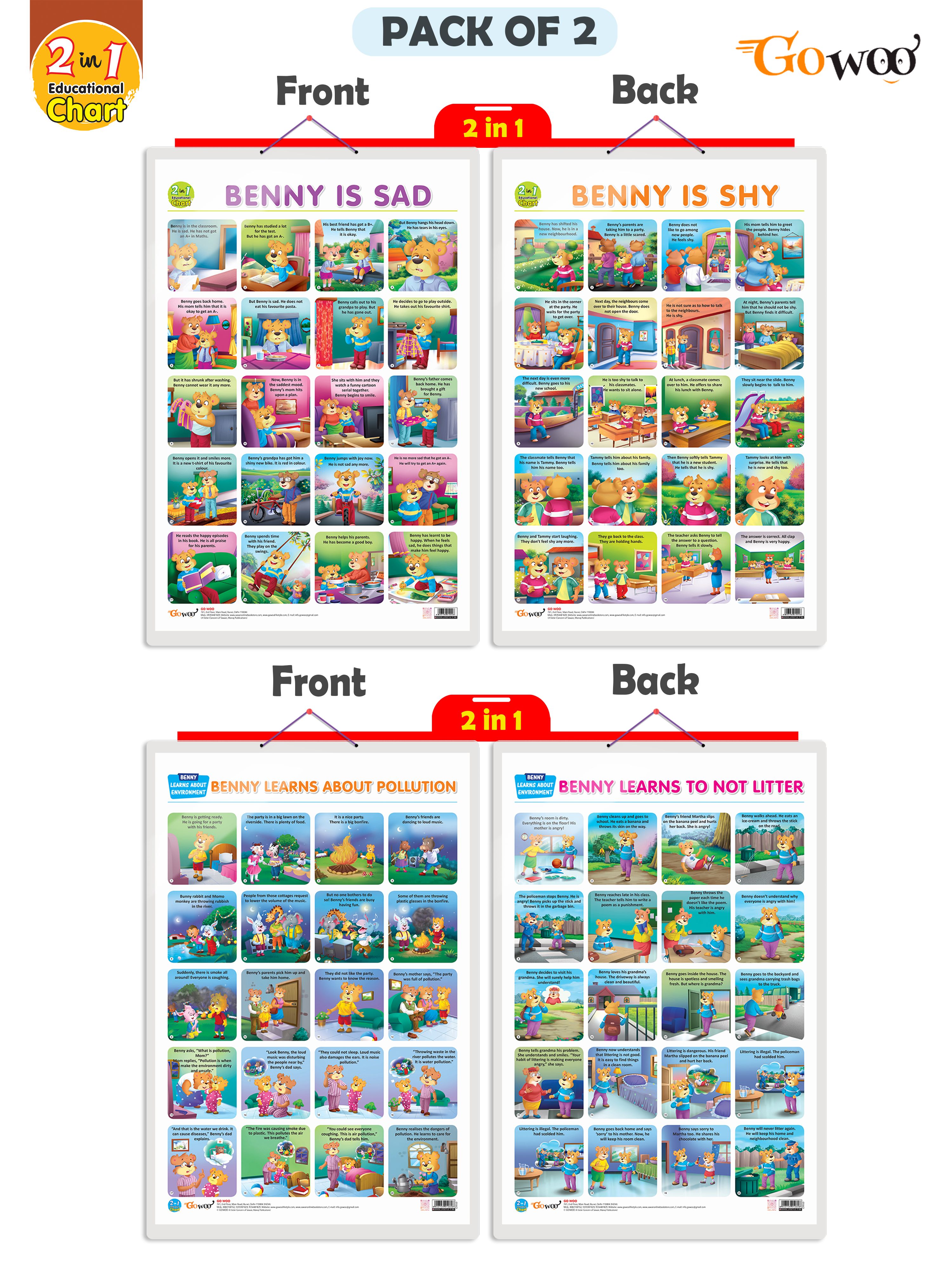     			Set of 2 | 2 IN 1 BENNY IS SAD AND BENNY IS SHY and 2 IN 1 BENNY LEARNS ABOUT POLLUTION AND BENNY LEARNS NOT TO LITTER Early Learning Educational Charts for Kids