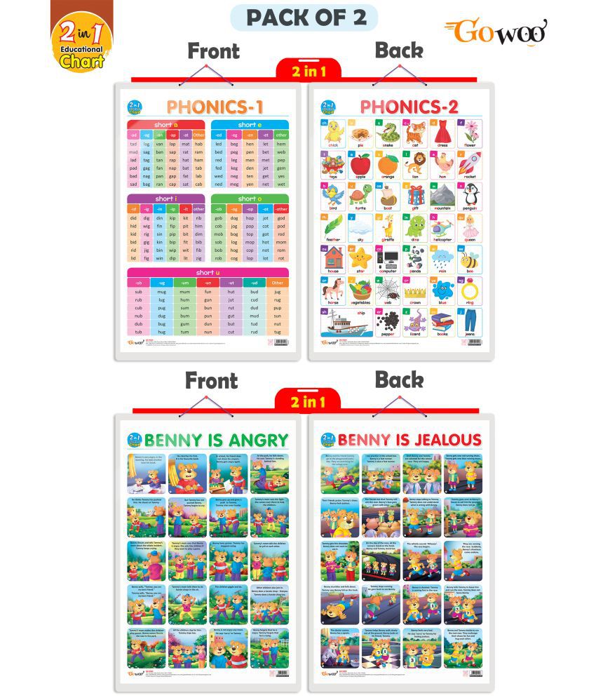     			Set of 2 |2 IN 1 PHONICS 1 AND PHONICS 2 and 2 IN 1 BENNY IS ANGRY AND BENNY IS JEALOUS  Early Learning Educational Charts for Kids |
