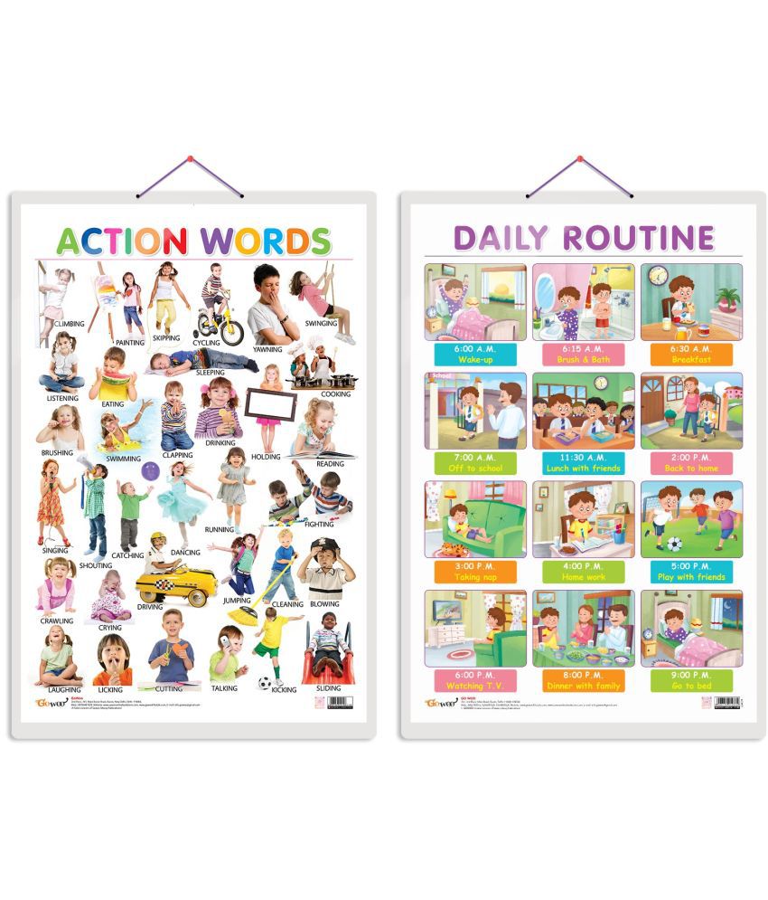     			Set of 2 Action Words and DAILY ROUTINE Early Learning Educational Charts for Kids | 20"X30" inch |Non-Tearable and Waterproof | Double Sided Laminated | Perfect for Homeschooling, Kindergarten and Nursery Students