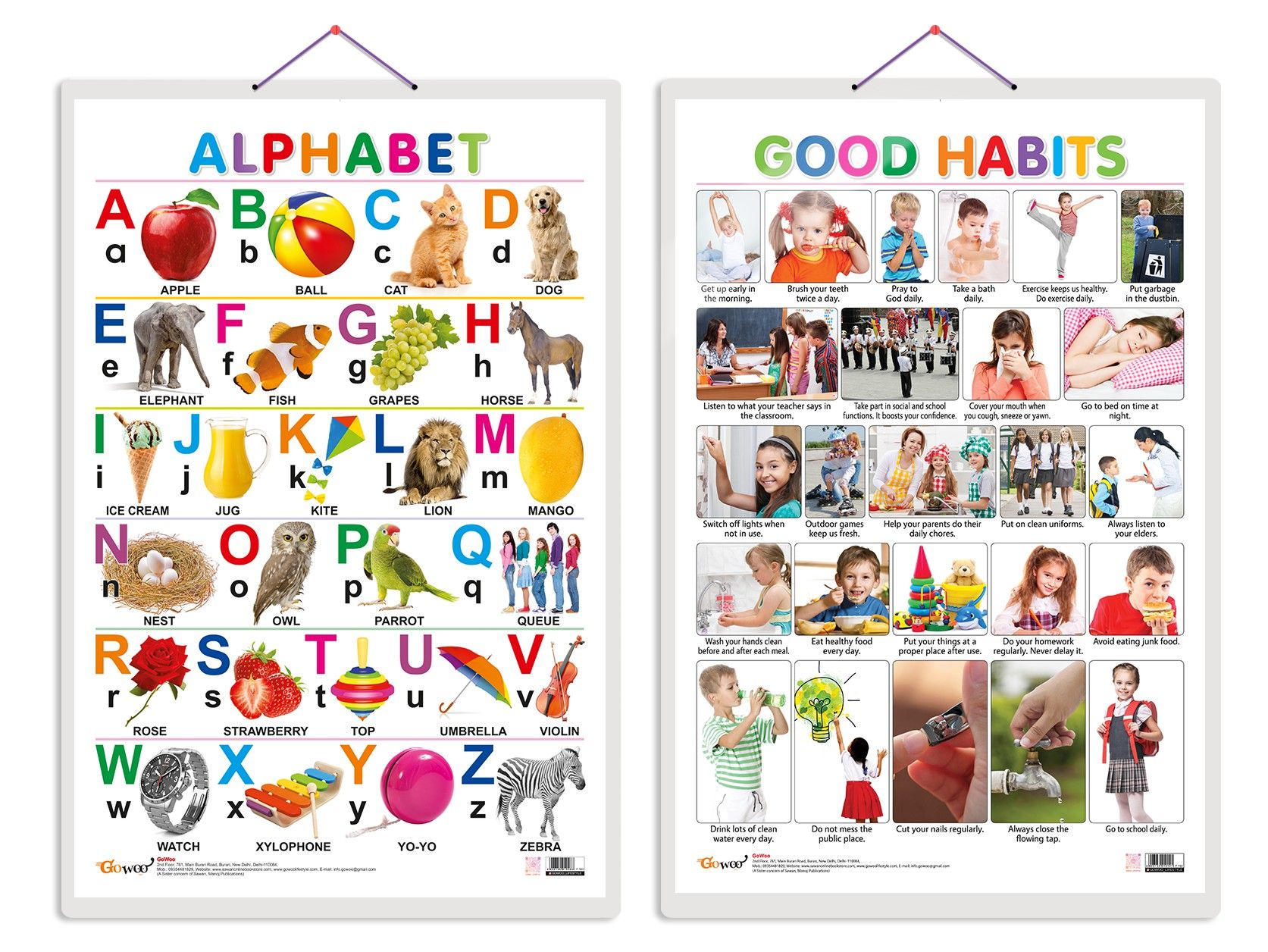     			Set of 2 Alphabet and Good Habits Early Learning Educational Charts for Kids | 20"X30" inch |Non-Tearable and Waterproof | Double Sided Laminated | Perfect for Homeschooling, Kindergarten and Nursery Students