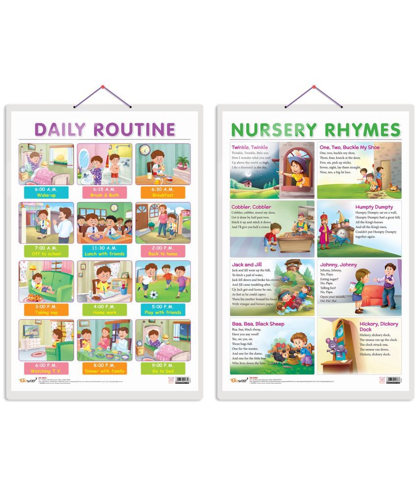     			Set of 2 DAILY ROUTINE and NURSERY RHYMES Early Learning Educational Charts for Kids | 20"X30" inch |Non-Tearable and Waterproof | Double Sided Laminated | Perfect for Homeschooling, Kindergarten and Nursery Students