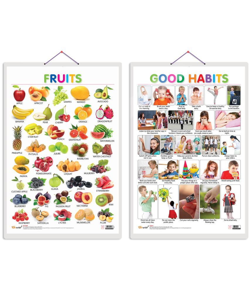     			Set of 2 Fruits and Good Habits Early Learning Educational Charts for Kids | 20"X30" inch |Non-Tearable and Waterproof | Double Sided Laminated | Perfect for Homeschooling, Kindergarten and Nursery Students