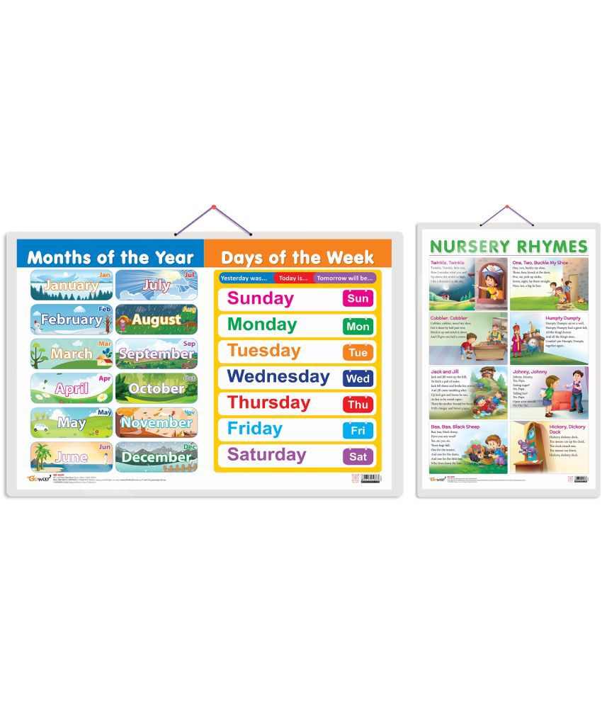     			Set of 2 MONTHS OF THE YEAR AND DAYS OF THE WEEK and NURSERY RHYMES Early Learning Educational Charts for Kids | 20"X30" inch |Non-Tearable and Waterproof | Double Sided Laminated | Perfect for Homeschooling, Kindergarten and Nursery Students