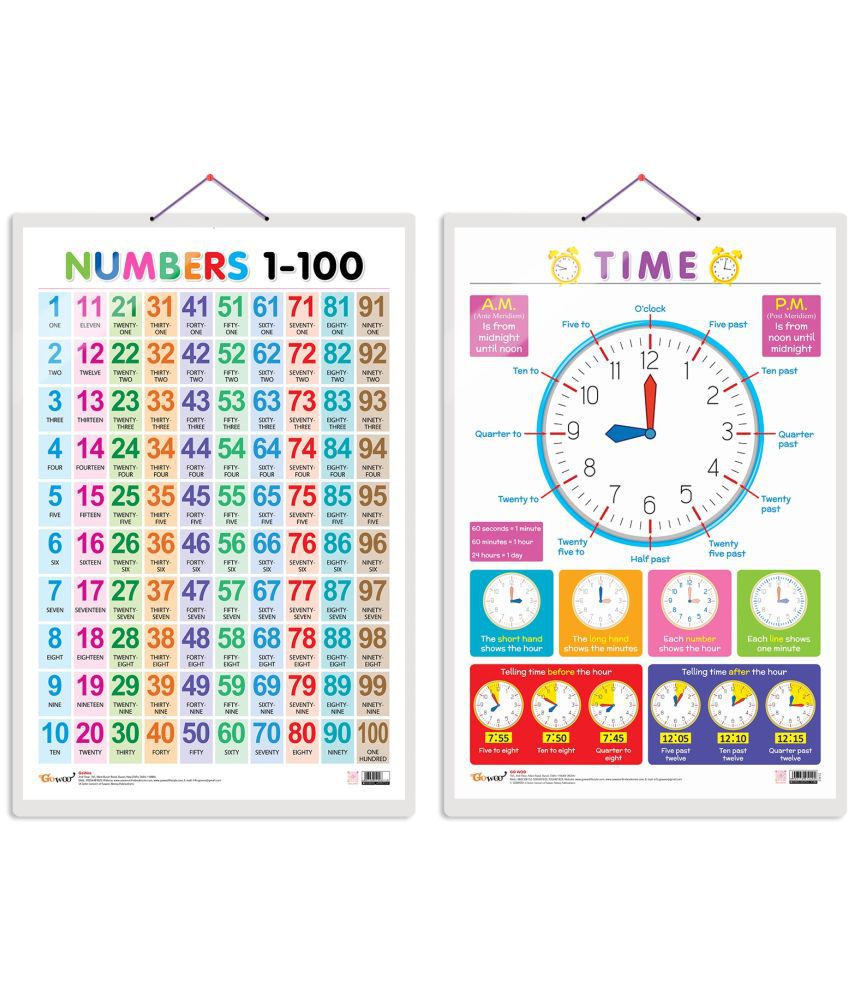     			Set of 2 Numbers 1-100 and TIME Early Learning Educational Charts for Kids | 20"X30" inch |Non-Tearable and Waterproof | Double Sided Laminated | Perfect for Homeschooling, Kindergarten and Nursery Students