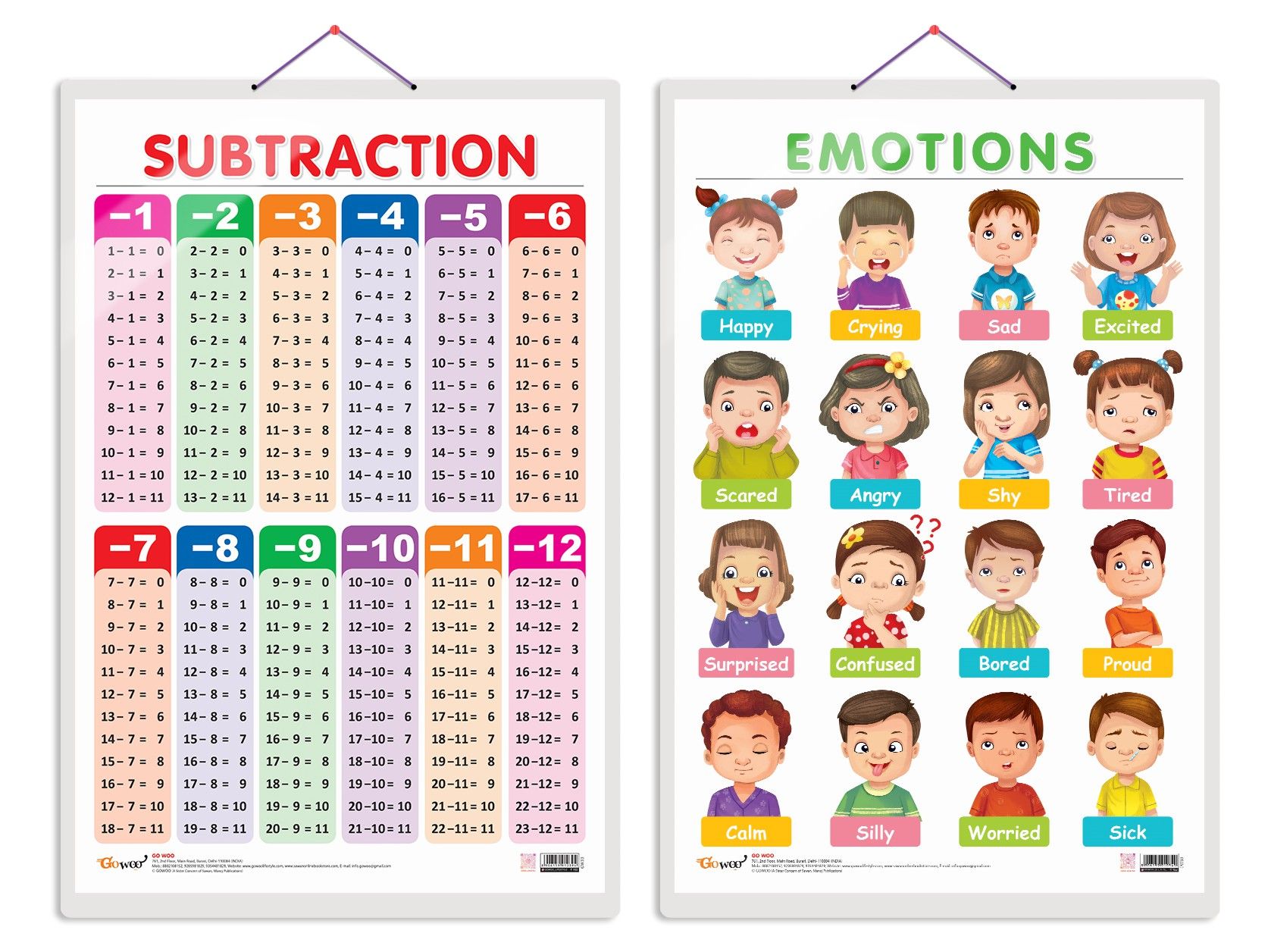     			Set of 2 SUBTRACTION and EMOTIONS Early Learning Educational Charts for Kids