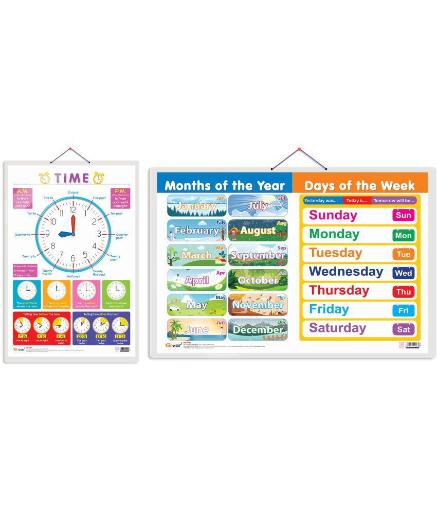     			Set of 2 TIME and MONTHS OF THE YEAR AND DAYS OF THE WEEK Early Learning Educational Charts for Kids | 20"X30" inch |Non-Tearable and Waterproof | Double Sided Laminated | Perfect for Homeschooling, Kindergarten and Nursery Students