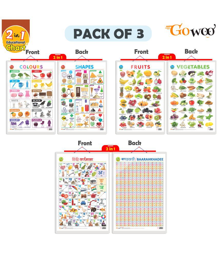     			Set of 3 |2 IN 1 COLOURS AND SHAPES, 2 IN 1 FRUITS AND VEGETABLES and 2 IN 1 HINDI VARNMALA AND BAARAHKHADEE Early Learning Educational Charts for Kids