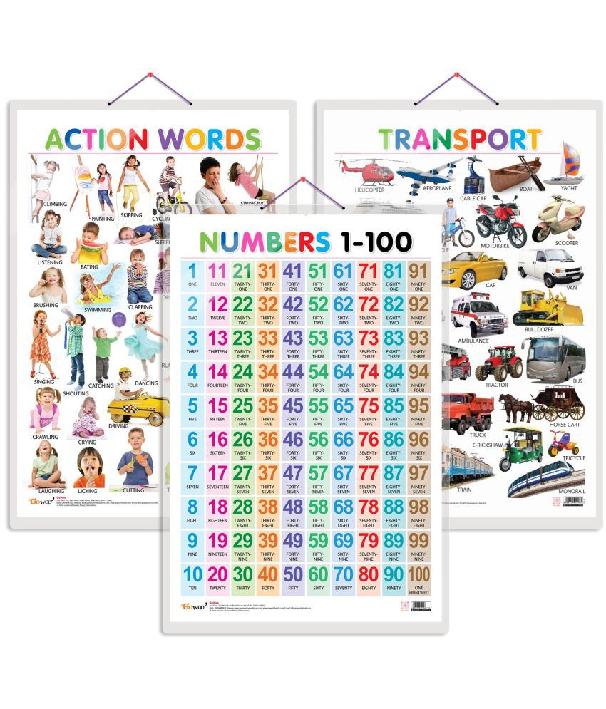     			Set of 3 Action Words, Transport and Numbers 1-100 Early Learning Educational Charts for Kids | 20"X30" inch |Non-Tearable and Waterproof | Double Sided Laminated | Perfect for Homeschooling, Kindergarten and Nursery Students