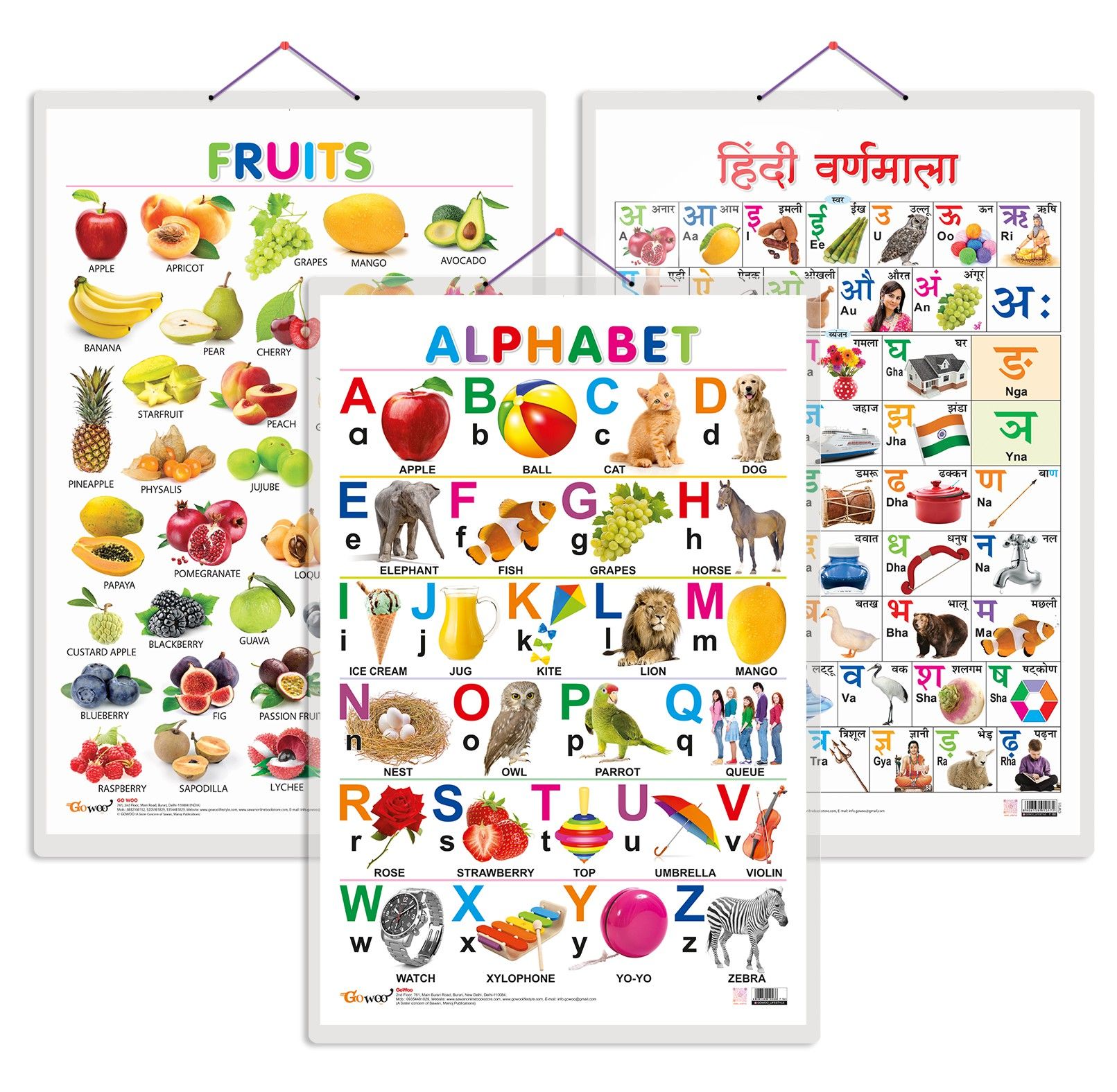     			Set of 3 Alphabet, Fruits and Hindi Varnamala Early Learning Educational Charts for Kids | 20"X30" inch |Non-Tearable and Waterproof | Double Sided Laminated | Perfect for Homeschooling, Kindergarten and Nursery Students