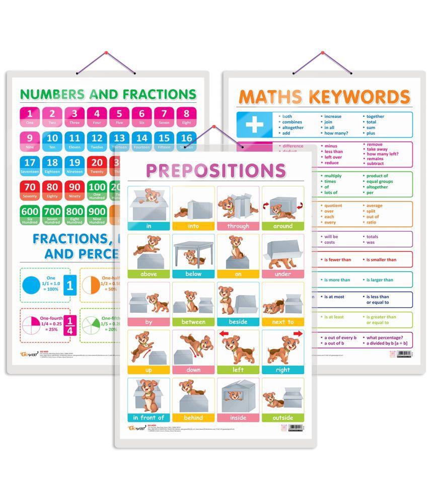     			Set of 3 NUMBERS AND FRACTIONS, MATHS KEYWORDS and PREPOSITIONS Early Learning Educational Charts for Kids | 20"X30" inch |Non-Tearable and Waterproof | Double Sided Laminated | Perfect for Homeschooling, Kindergarten and Nursery Students