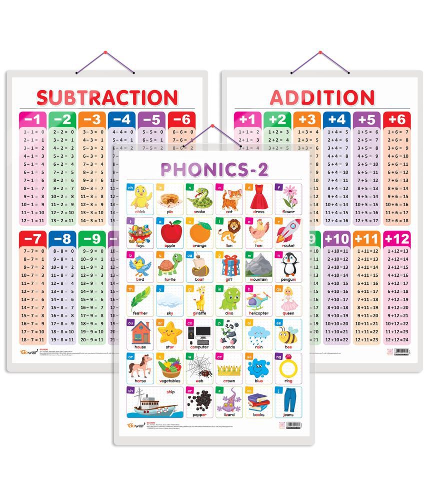     			Set of 3 SUBTRACTION, ADDITION and PHONICS - 2 Early Learning Educational Charts for Kids | 20"X30" inch |Non-Tearable and Waterproof | Double Sided Laminated | Perfect for Homeschooling, Kindergarten and Nursery Students