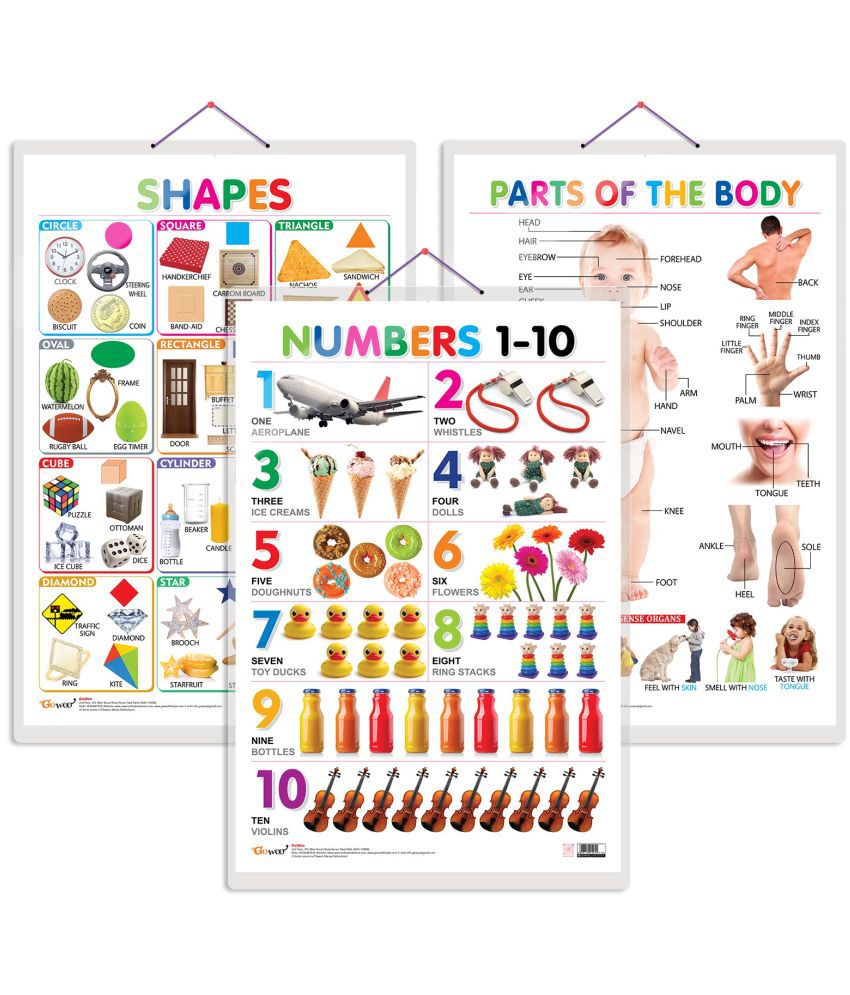     			Set of 3 Shapes, Parts of the Body and Numbers 1-10 Chart for Kids | 20"X30" inch |Non-Tearable and Waterproof | Double Sided Laminated | Perfect for Homeschooling, Kindergarten and Nursery Students