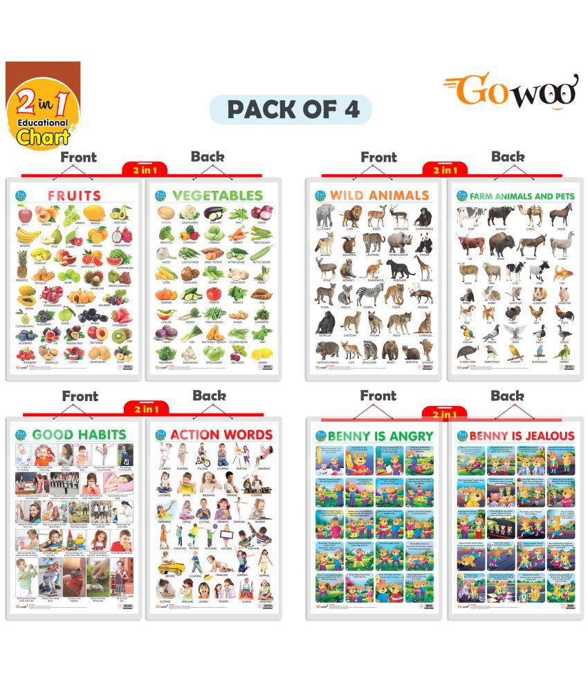     			Set of 4 |  2 IN 1 FRUITS AND VEGETABLES, 2 IN 1 WILD AND FARM ANIMALS & PETS, 2 IN 1 GOOD HABITS AND ACTION WORDS and 2 IN 1 BENNY IS ANGRY AND BENNY IS JEALOUS Early Learning Educational Charts for Kids