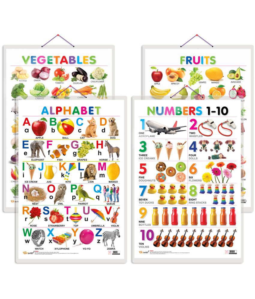     			Set of 4 Alphabet, Fruits, Vegetables and Numbers 1-10 Early Learning Educational Charts for Kids | 20"X30" inch |Non-Tearable and Waterproof | Double Sided Laminated | Perfect for Homeschooling, Kindergarten and Nursery Students