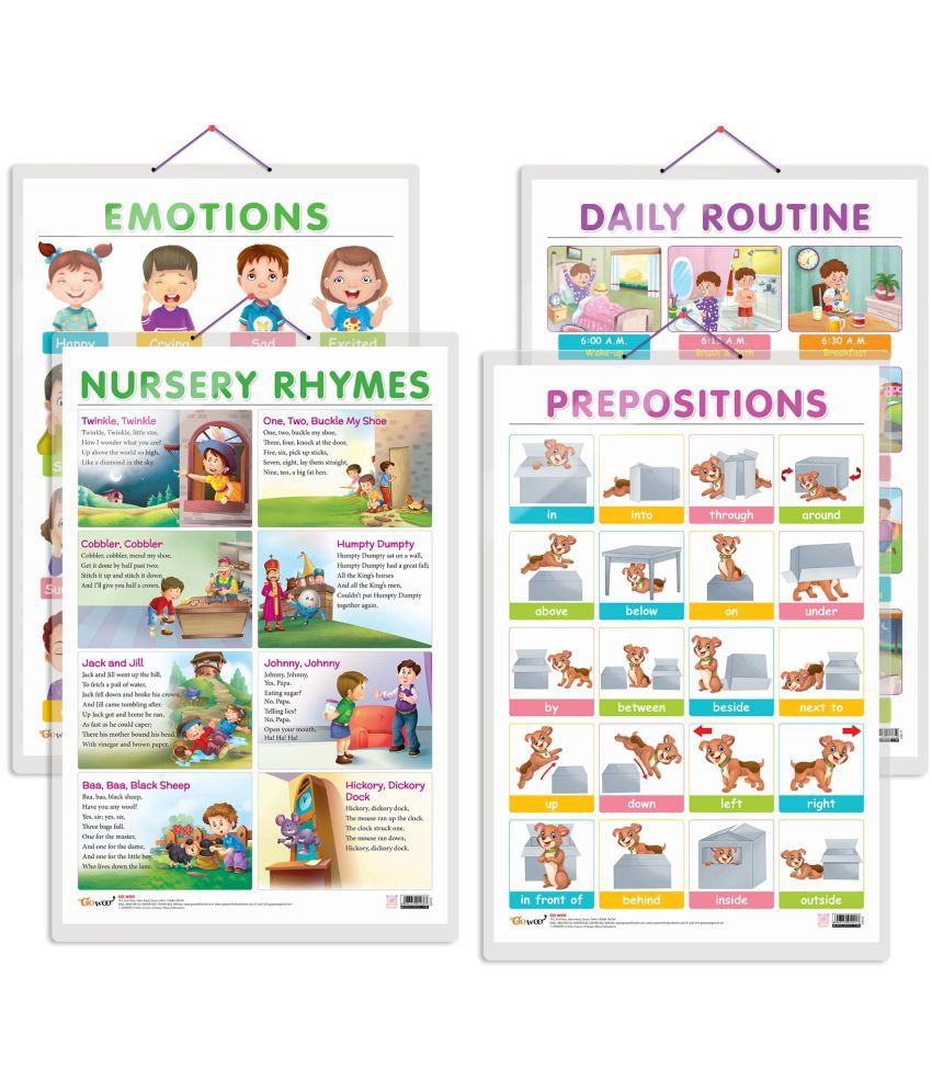     			Set of 4 EMOTIONS, DAILY ROUTINE, NURSERY RHYMES and PREPOSITIONS Early Learning Educational Charts for Kids | 20"X30" inch |Non-Tearable and Waterproof | Double Sided Laminated | Perfect for Homeschooling, Kindergarten and Nursery Students