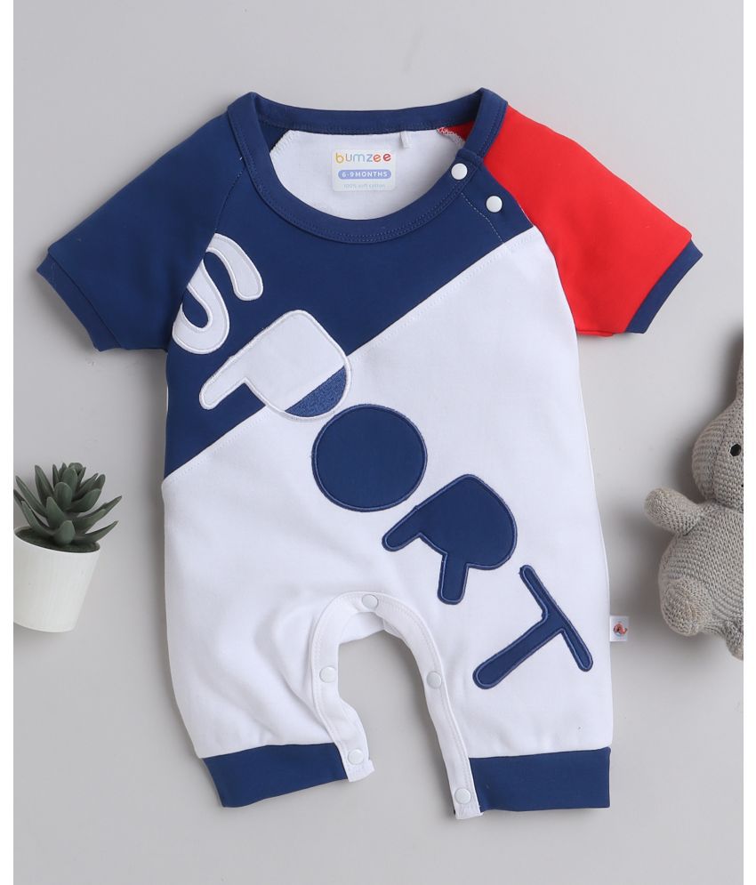     			BUMZEE - White & Blue Cotton Rompers For Baby Boy ( Pack of 1 )