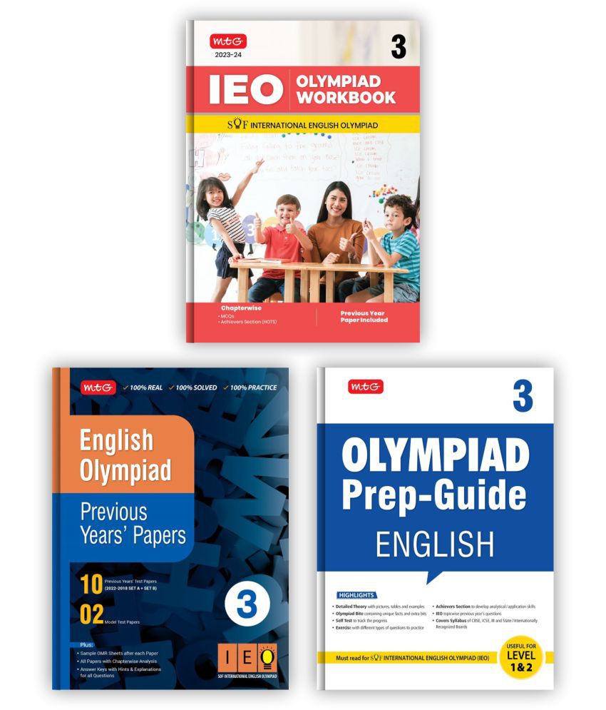     			MTG International English Olympiad (IEO) Workbook, Prep-Guide & Previous Years Papers with Self Test Paper Class 3 - SOF Olympiad Books For 2023-24 Exam (Set of 3 Books)
