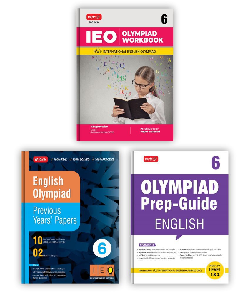     			MTG International English Olympiad (IEO) Workbook, Prep-Guide & Previous Years Papers with Self Test Paper Class 6 - SOF Olympiad Books For 2023-24 Exam (Set of 3 Books)