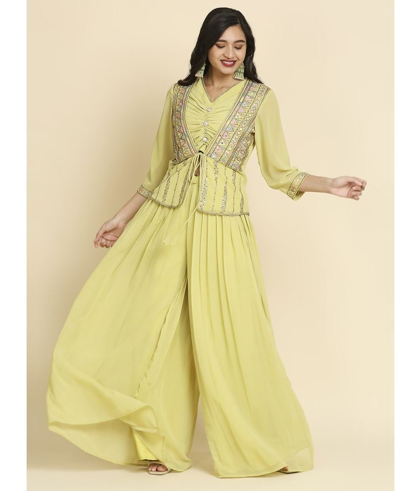     			Madhuram Textiles - Yellow Jacket Style Georgette Women's Stitched Salwar Suit ( Pack of 1 )