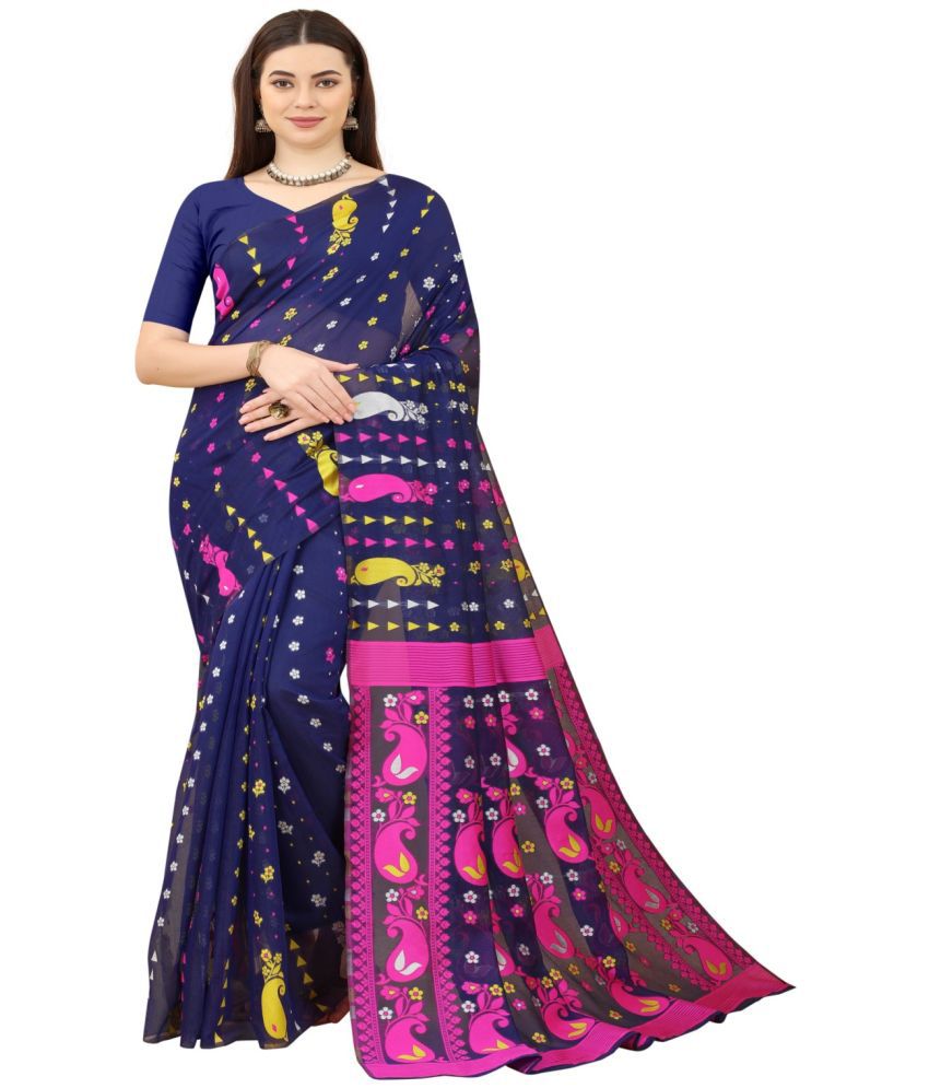     			NENCY FASHION - Navy Blue Cotton Saree With Blouse Piece ( Pack of 1 )