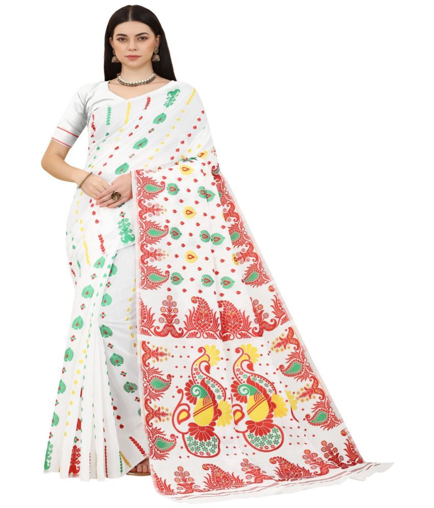     			NENCY FASHION - White Cotton Saree With Blouse Piece ( Pack of 1 )
