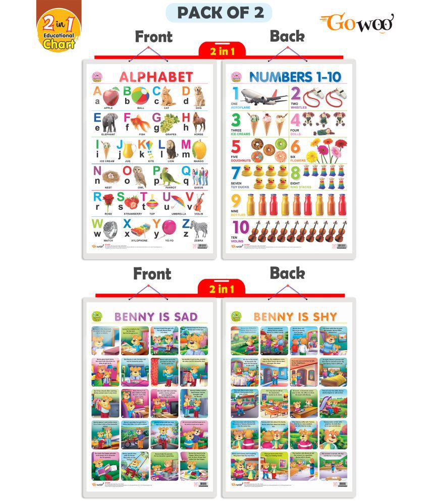     			Set of 2 | 2 IN 1 ALPHABET AND NUMBER 1-10 and 2 IN 1 BENNY IS SAD AND BENNY IS SHY Early Learning Educational Charts for Kids