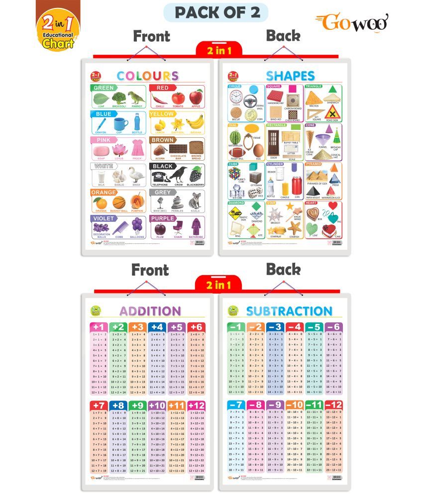     			Set of 2 | 2 IN 1 COLOURS AND SHAPES and 2 IN 1 ADDITION AND SUBTRACTION Early Learning Educational Charts for Kids | 20"X30" inch |Non-Tearable and Waterproof | Double Sided Laminated | Perfect for Homeschooling, Kindergarten and Nursery Students