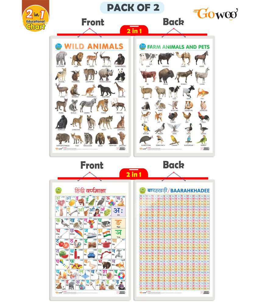     			Set of 2 |2 IN 1 WILD AND FARM ANIMALS & PETS and 2 IN 1 HINDI VARNMALA AND BAARAHKHADEE Early Learning Educational Charts for Kids
