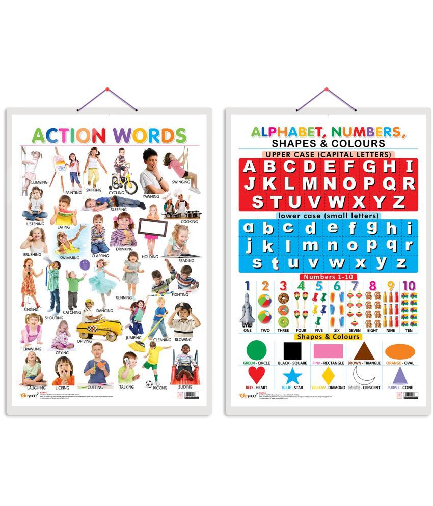     			Set of 2 Action Words and Alphabet, Numbers, Shapes & Colours Early Learning Educational Charts for Kids | 20"X30" inch |Non-Tearable and Waterproof | Double Sided Laminated | Perfect for Homeschooling, Kindergarten and Nursery Students
