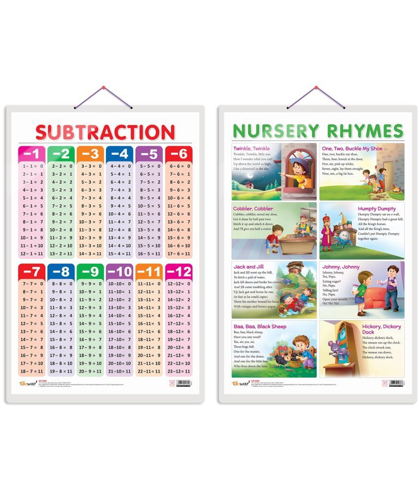     			Set of 2 SUBTRACTION and NURSERY RHYMES Early Learning Educational Charts for Kids | 20"X30" inch |Non-Tearable and Waterproof | Double Sided Laminated | Perfect for Homeschooling, Kindergarten and Nursery Students