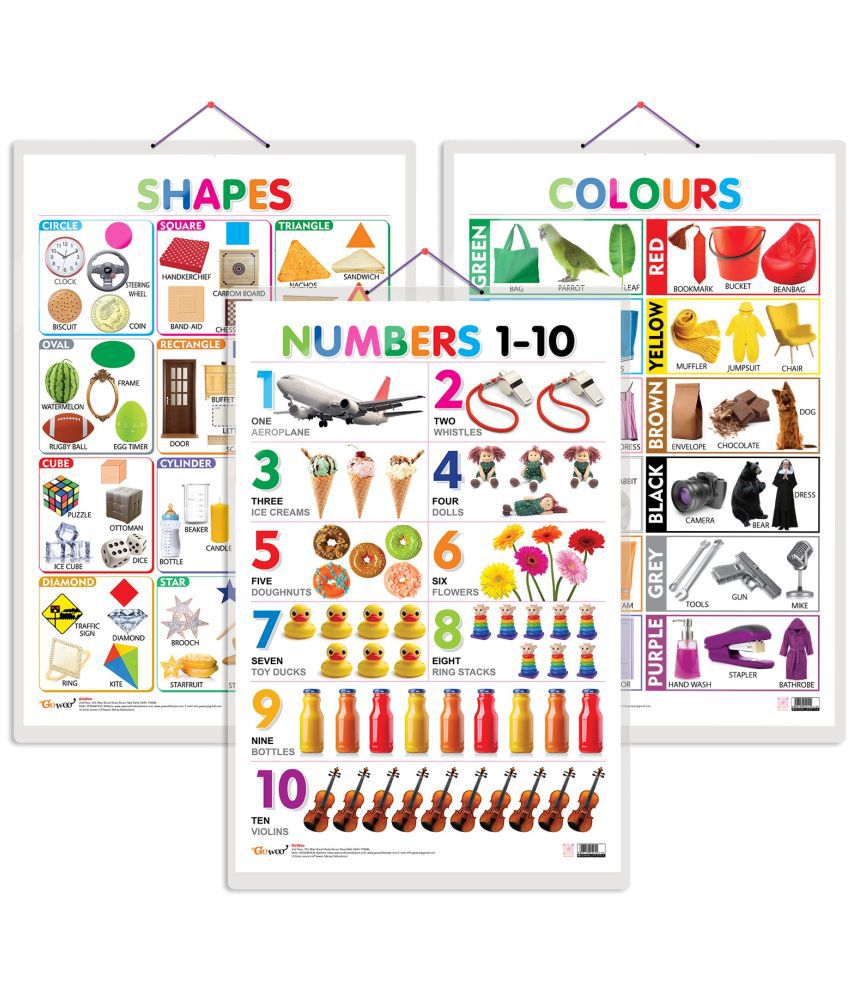     			Set of 3 Colours, Shapes and Numbers 1-10 Early Learning Educational Charts for Kids | 20"X30" inch |Non-Tearable and Waterproof | Double Sided Laminated | Perfect for Homeschooling, Kindergarten and Nursery Students