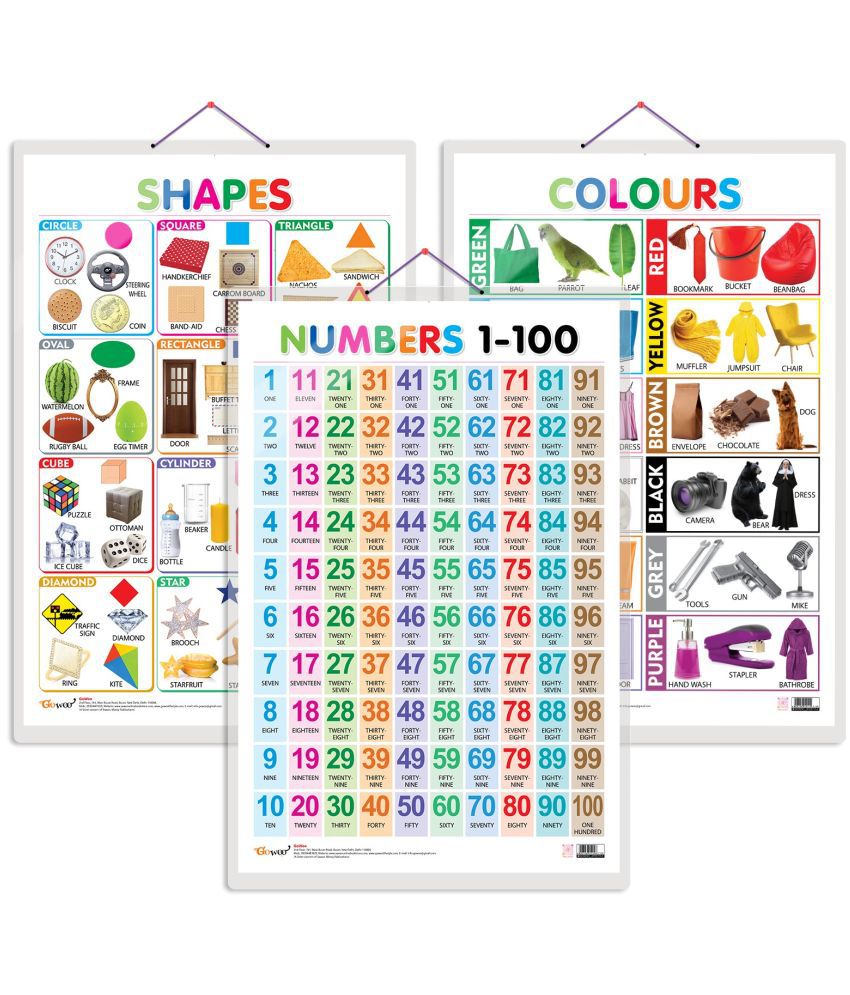     			Set of 3 Colours, Shapes and Numbers 1-100 Chart for Kids | 20"X30" inch |Non-Tearable and Waterproof | Double Sided Laminated | Perfect for Homeschooling, Kindergarten and Nursery Students